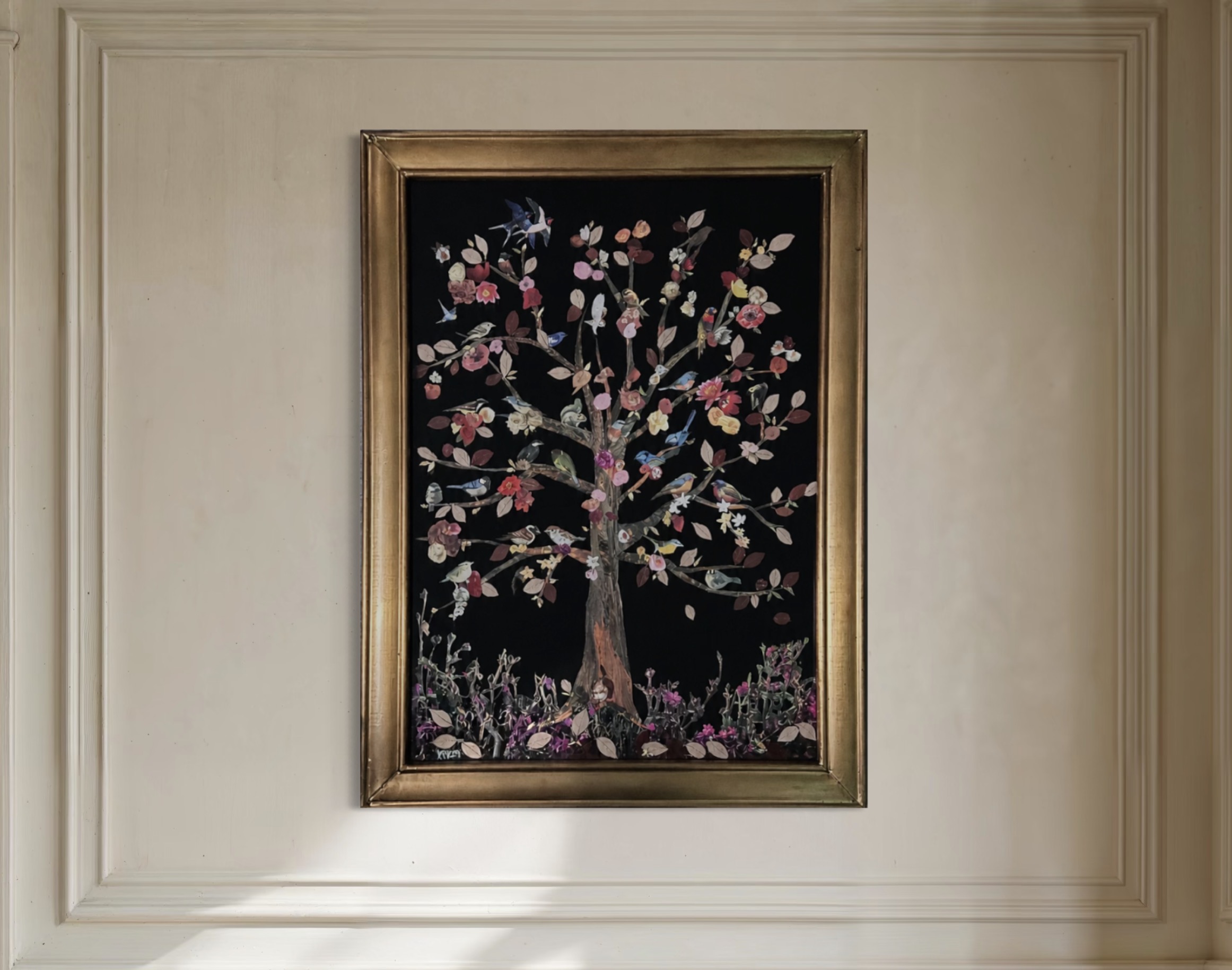 Bird Tree of Life on Black Velvet - Print